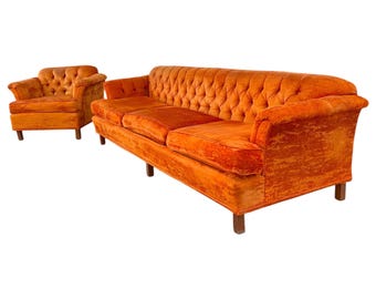 Vintage Broyhill Orange Velvet Tufted Sofa Couch and Chair Mid Century Modern