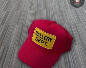 Gorra de camionero de malla roja y amarilla / Gorra snapback con parche del logotipo y visera curva