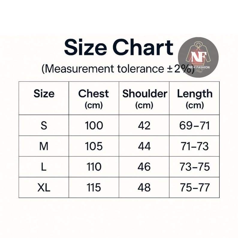 May include: A white size chart with black text, including chest, shoulder, and length measurements in centimeters. The chart lists sizes S, M, L, and XL, with corresponding measurements. The text "Size Chart" is at the top.