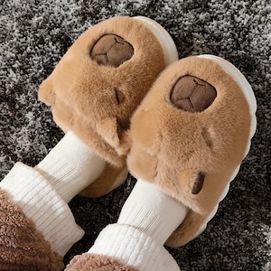 Cute Capybara Cotton Slippers for Women | Warm Plush Indoor Slides | Soft Non Slip Cozy Home Shoes Autumn Winter Comfort