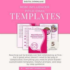以下が含まれることがあります： ピンク色のデジタルダウンロードグラフィックで、「MOM INFLUENCER PITCH EMAIL TEMPLATES」の文字が書かれています。画像には5つのメールテンプレートがあり、中央のテンプレートは「Mom Influencer Pitch Email Templates」と表示されています。グラフィックには「5 EMAIL TEMPLATES」の文字も含まれています。