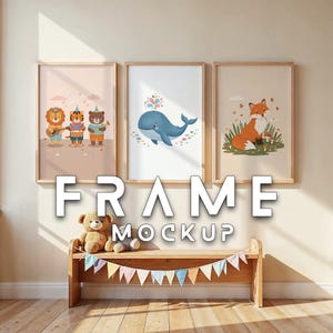 May include: Three framed art prints featuring a musical lion, tiger, and bear, a blue whale, and a fox. A wooden bench with a teddy bear and a colorful banner is in front of the frames. The text "FRAME MOCKUP" is displayed below the frames.