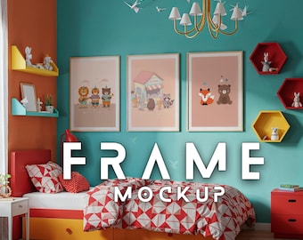 Nursery Frame Mockup: Kids Room Interior, 3 Vertical Frames (PSD & JPG Digital Download