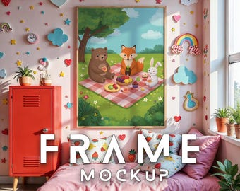 May include: A framed illustration depicts a picnic scene with a bear, fox, and rabbit. The artwork is set against a pink wall adorned with decorative hearts, stars, and rainbows. A red cabinet and a pink bed with pillows are in the foreground.