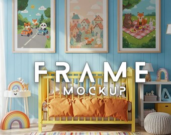 Triple Vertical Nursery Frame Mockup: Kids Room Poster Display (PSD & JPG Digital Download