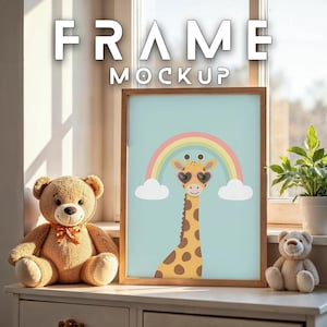 Nursery Frame Mockup PSD JPG | Kids Room Poster Mockup | Cozy Baby Wall Art Mockup | Cute Teddy Bear Mockup | Sunlit Kids Frame Mockup