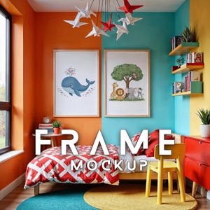 May include: A bedroom mockup with two framed art prints featuring a whale and a tree with animals. The room has a bed with a red and white patterned comforter, a yellow chair, and a red dresser. The text "FRAME MOCKUP" is displayed.