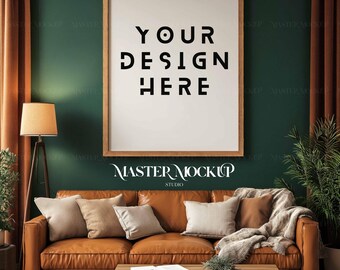 Wohnzimmerrahmen Mockup: Vertikaler Holzrahmen im DIN A Format (PSD, JPG)