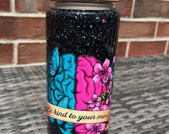 Mental Health Snow Globe Glass Cup: Glitter Iced Coffee Tumbler