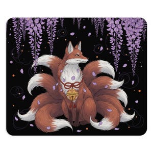 Kitsune Wisteria Mouse Pad, Japanese Fox Desk Mat, Gaming Mousepad, Office Accessories, Floral Computer Pad