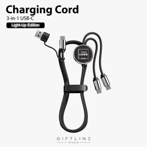 Custom Logo 3-in-1 Charging Cable, Bulk Corporate Gifts, Branded Light-Up USB-C and Lightning Cord, Employee and Client Gift, Promo Giveaway