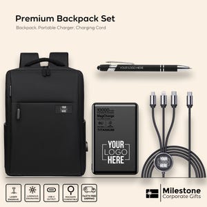 Personalized Backpack Set with Portable Charger, Corporate Gift, Company Holiday Backpack Set with Portable Charger, New Year Backpack Set