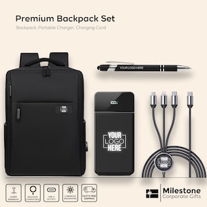 Premium Backpack Set with Portable Charger, Business Gift Set, Company Holiday Backpack Set with Portable Charger, New Year Backpack Set