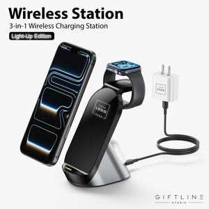 Personalized 3-in-1 Wireless Charging Station, Light Up Company Logo Desk Dock, Bulk Employee Gift, Client Tech Gift, Corporate Swag