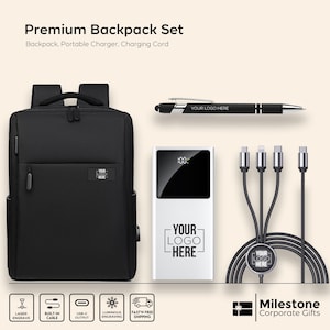 Company Logo Backpack Set with Portable Charger, Corporate Gift, Company Holiday Backpack Set with Portable Charger, New Year Backpack Set
