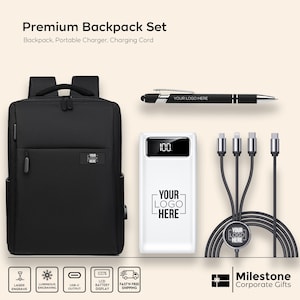 Customized Backpack Set with Portable Charger, Corporate Gift, Company Holiday Backpack Set with Portable Charger, New Year Backpack Set