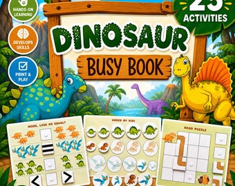 Libro de actividades de dinosaurios en PDF imprimible / 25 actividades preescolares / Cuaderno de aprendizaje para niños pequeños de 2 a 5 años / Libro tranquilo