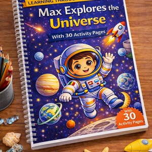 May include: A children's activity book titled "Max Explores the Universe" with 30 activity pages. The cover shows an astronaut in space, planets, and a rocket. The book is on a wooden surface with decorative items.