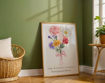 Mother's Day gift | Birth Month Flower Bouquet | Mums Garden Bouquet | Grandma's Garden Flowers | Family Bouquet Gift |Personalized wall art