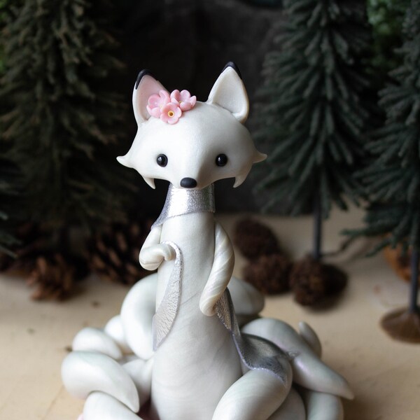Kitsune Fox Guardian - White Kitsune of Springtime - Nine-tailed Fox