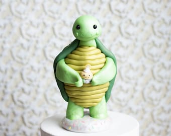 Turtle Birthday Cake Topper - Turtle Figurine with Happy Lemon Cupcake