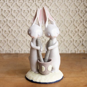 Year of the Rabbit Sculpture Lunar Hares Pounding Rice Together Lunar New Year Centerpiece image 1