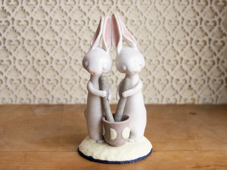 Year of the Rabbit Sculpture Lunar Hares Pounding Rice Together Lunar New Year Centerpiece image 1