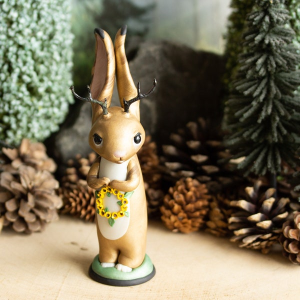 Jackalope Making a Sunflower Chain - Jackalope Figurine