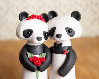 Panda Bear Wedding Cake Topper with Red Flowers