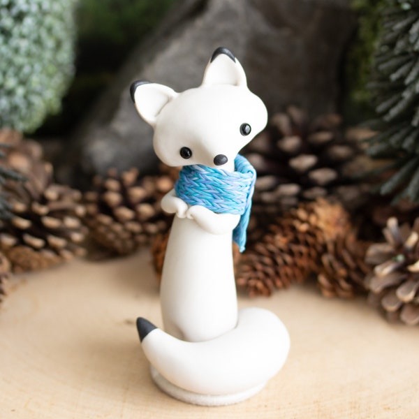 Arctic Fox Figurine in a Blue Scarf