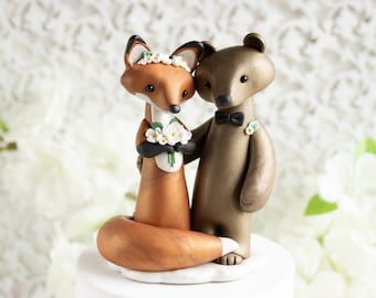 Fox and Bear Wedding Cake Topper - Red Fox and Brown Bear Sculpture