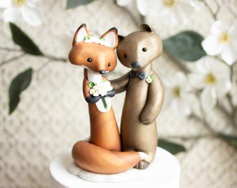 Fox and Bear Wedding Cake Topper - Red Fox and Brown Bear Sculpture