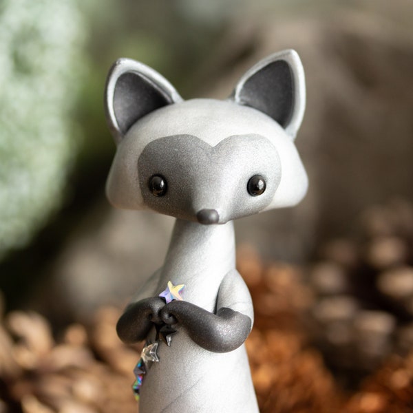 Silver Fox Making Stars - Cosmic Silver Fox Figurine