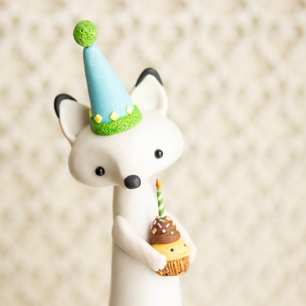 Happy Birthday Fox - Fox Birthday Cake Topper - Arctic Fox Figurine with Cupcake