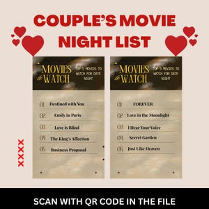 Movie Night List – Printable Movie Checklist, Family Movie Night Planner, Date Night Movie Tracker, Digital Film Log, Instant Download PDF