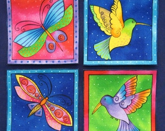 SALE*Set of Four Iron On Flying Critter Appliques*Handmade*Gorgeous Laurel Burch Fabric/M