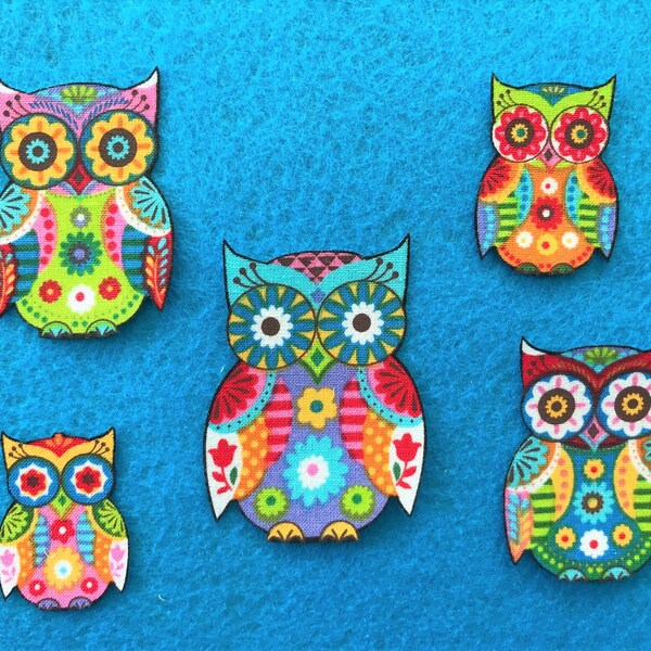 Set of Five Iron On OWL Appliques*Handmade*High Quality Designer Fabric/13