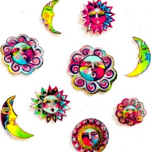 May include: A collection of colorful sun and moon-shaped decorative items. The suns have smiling faces and radiating rays, while the moons are crescent-shaped. The items feature bright colors like pink, yellow, blue, and green, with intricate details.