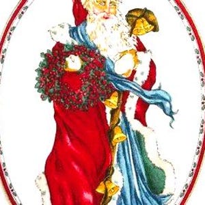 May include: A vintage illustration of Santa Claus holding a wreath and a staff with bells. He is wearing a red coat, blue pants, and a white beard. The illustration is set against a white background with a decorative border.