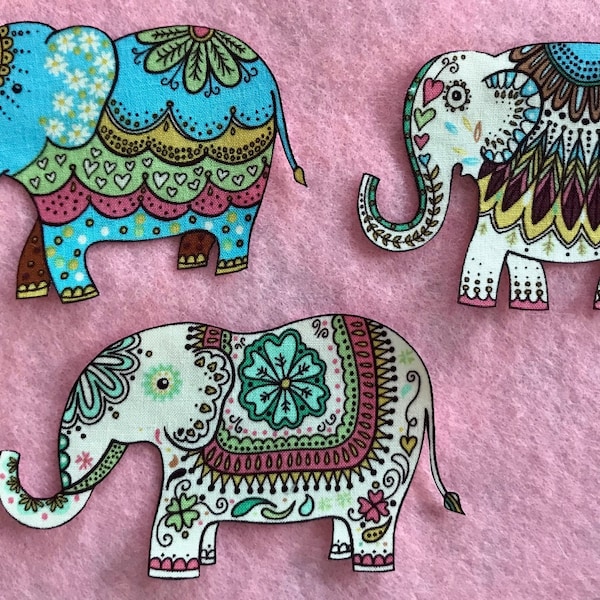 SALE*Three Iron On Indian ELEPHANT Appliques*Handmade*Very RARE Timeless Treasures Fabric/98