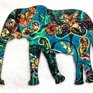 May include: A blue, green, and orange patterned elephant silhouette. The elephant is standing on a white background.