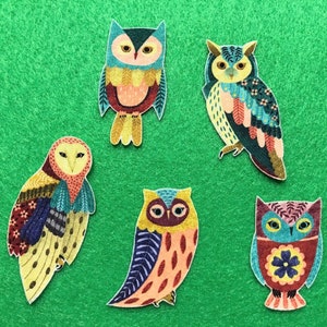 May include: Five colorful owl cutouts with intricate patterns and designs are arranged on a green felt background. The owls feature various colors, including blue, yellow, orange, and red, with detailed feather and wing patterns. The owls are of different sizes and poses.