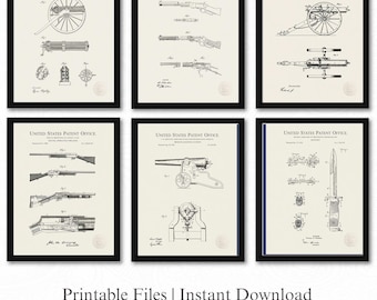 Patentes de armas militares históricas / Juego de 6 descargas de imágenes JPG / Fondo de lino / Decoración bélica vintage / Regalo para coleccionistas del ejército