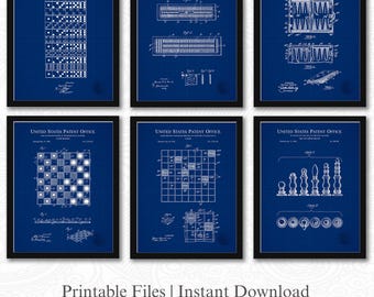 Classic Board Game Patents | 6 JPG Image Downloads | Blueprint Background | Game Room Wall Art | Dominoes, Chess, Cribbage | Gift for Gamers