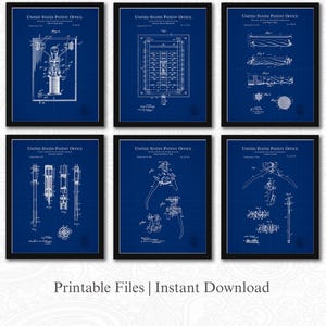 Puede incluir: Seis impresiones enmarcadas de patentes con dibujos técnicos blancos sobre fondo azul. Cada marco tiene un borde negro. El texto "UNITED STATES PATENT OFFICE" está en la parte superior de cada impresión. La parte inferior de la imagen dice "Printable Files | Instant Download".