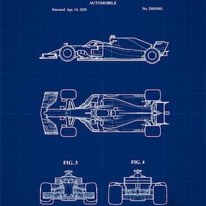 Pode incluir: Planta de um design de carro de corrida, com vistas superior, lateral e frontal. O design &eacute; rotulado como "AUTOMOBILE" e inclui o texto "UNITED STATES PATENT OFFICE". A patente foi concedida em 14 de abril de 2020.