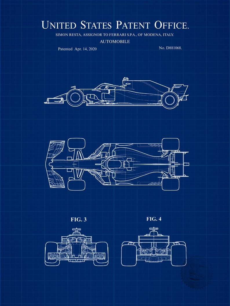 Pode incluir: Planta de um design de carro de corrida, com vistas superior, lateral e frontal. O design &eacute; rotulado como "AUTOMOBILE" e inclui o texto "UNITED STATES PATENT OFFICE". A patente foi concedida em 14 de abril de 2020.
