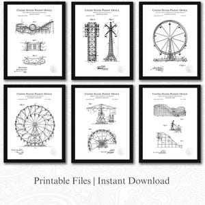 Vintage Amusement Ride Patent Collection | 6 JPG Downloads | Ferris Wheel & Roller Coaster Art | Carnival Wall Decor | White Background