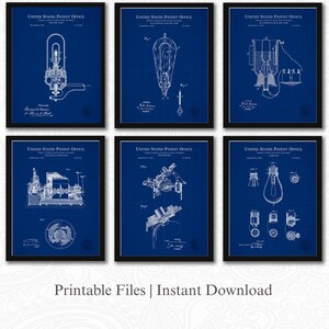 Thomas Edison Collection | Edison Invention Patents | 6 JPG Downloads | Americana Decor | Innovation Art | Blueprint Background