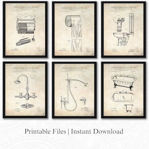 Retro Bathroom Design Patents | Set of 6 JPG Image Downloads | Antique Background | 3 Ratios: 16 Files Included | Instant Download